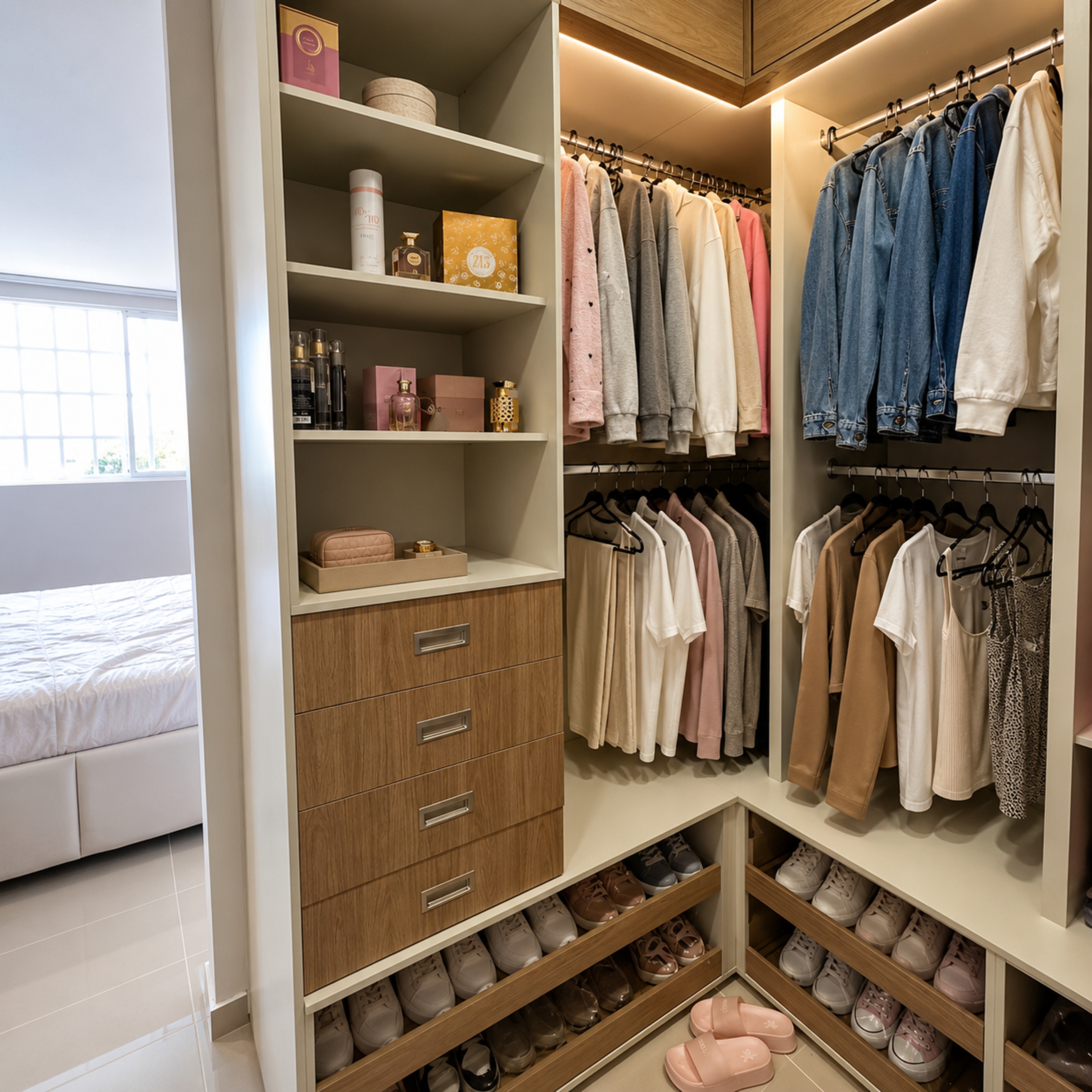 Walk-in en esquina tipo his/hers en vivienda real